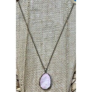 Vtg Pink Druzy Agate Pendant Gold Tone Trim 31in ~ 35in Boho Hippie Gypsy
